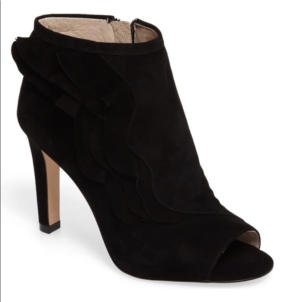 Suede Peep Toe Ruffle Bootie